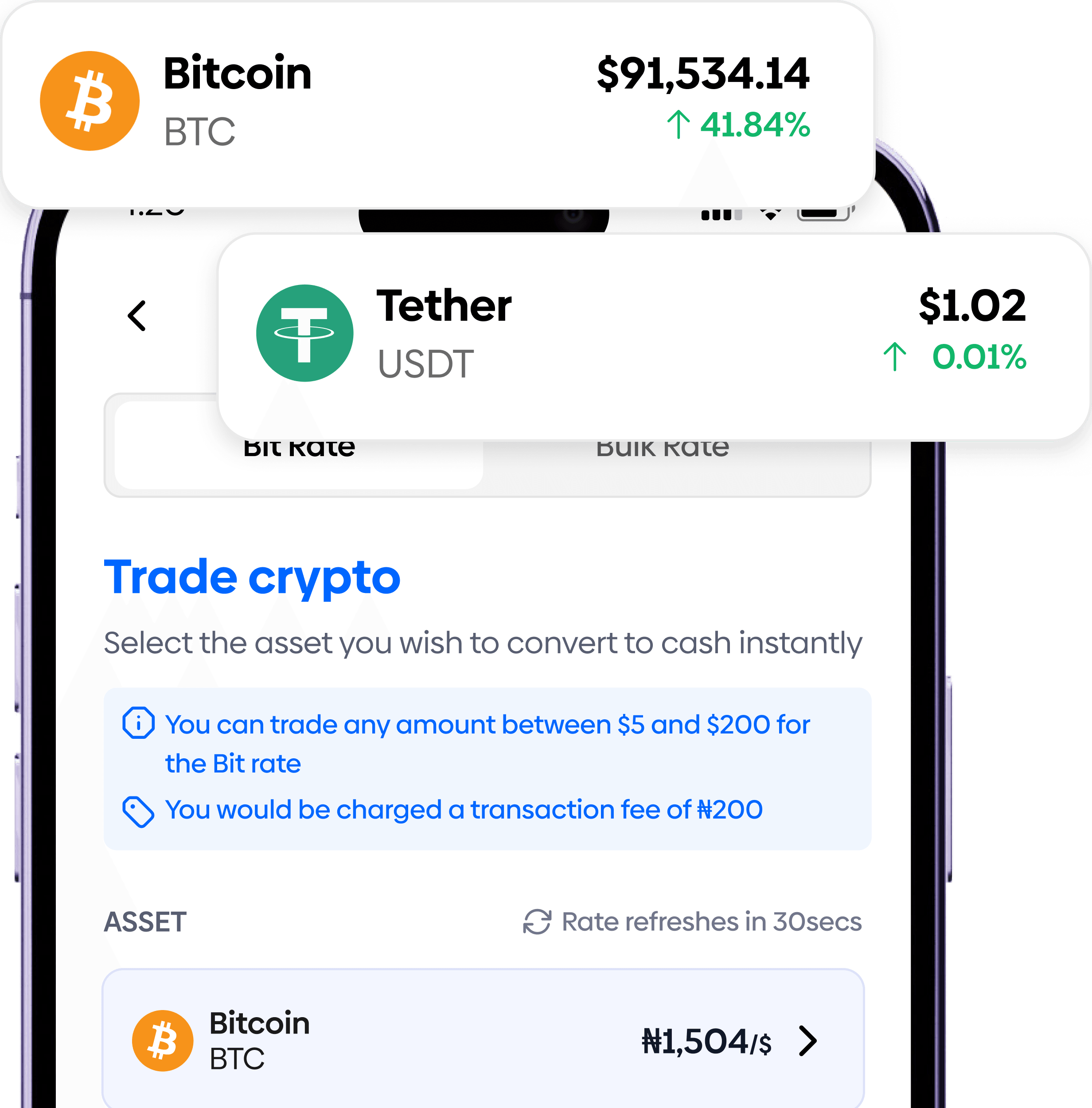 Coast Trade Crypto screen with Bitcoin and Tether prices